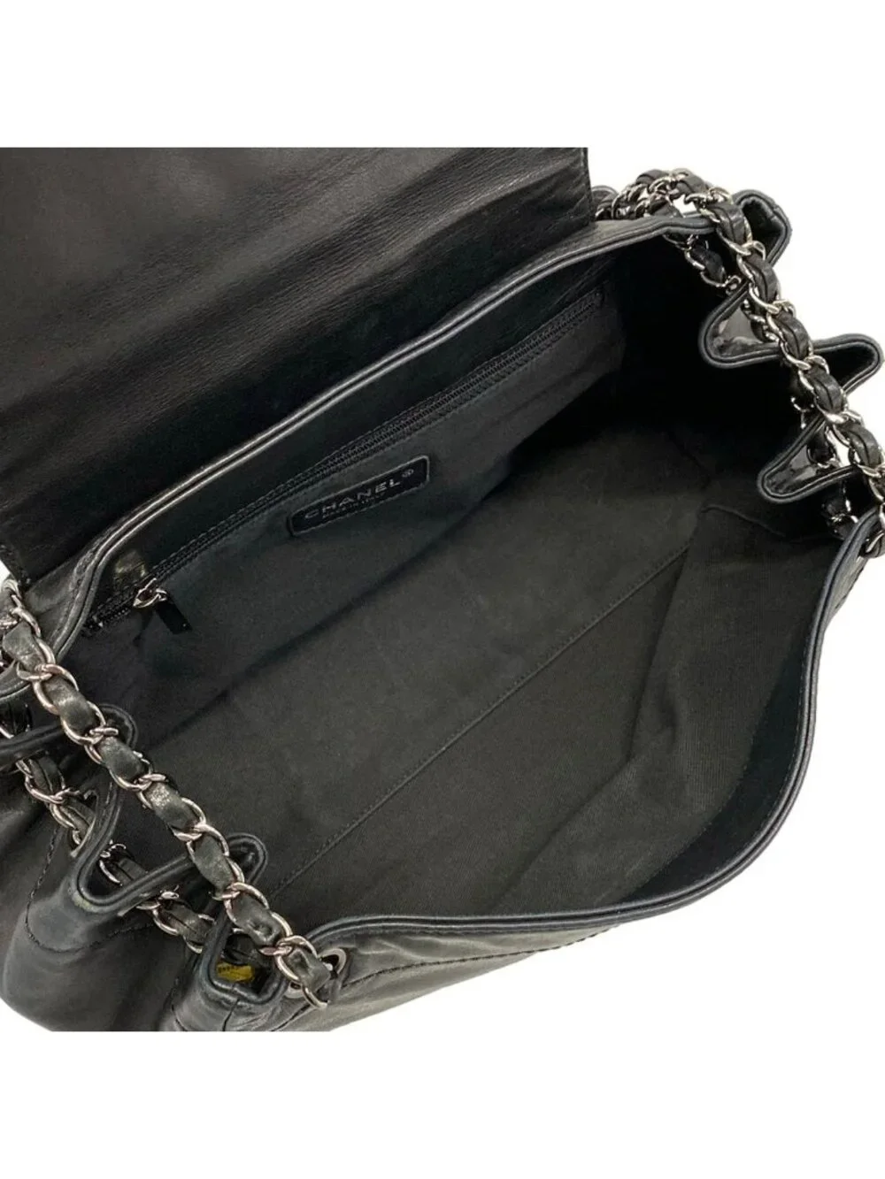 Chanel Shoulder Bag Black Chain Silver Logo Flap Lambskin